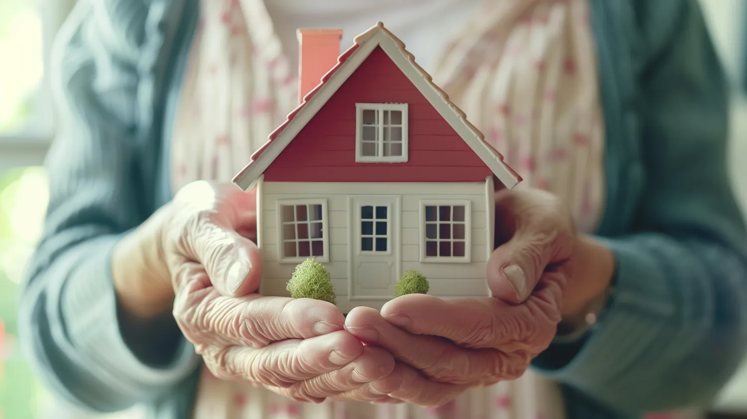 Viktoria Schiller – Unterstützung im Haushalt – Nahaufnahme von Händen älterer Menschen, die ein Miniaturhaus und Schlüssel halten